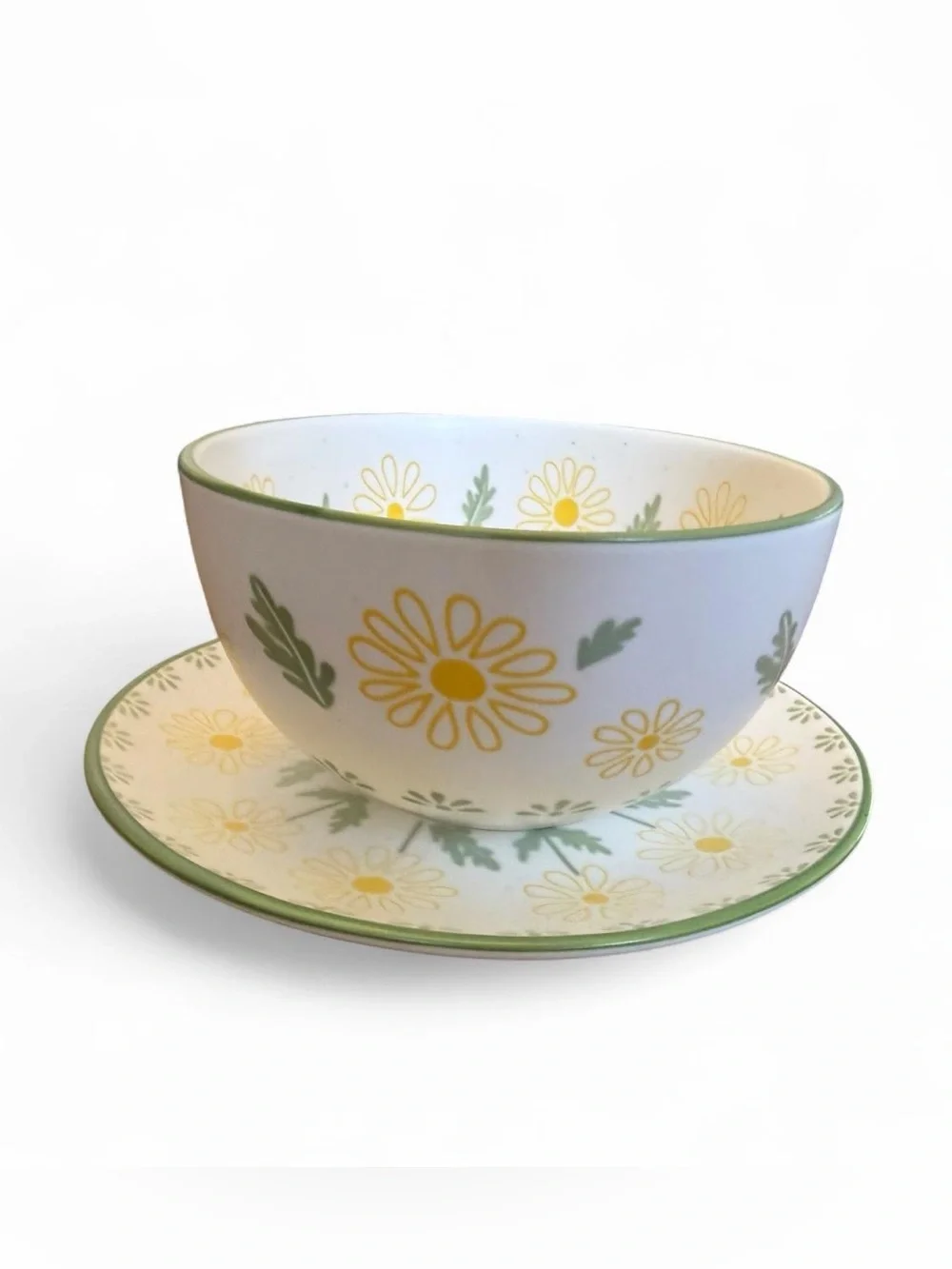 Japanese White Daisy Pattern Ceramic Bowl and Saucer Set NWOT